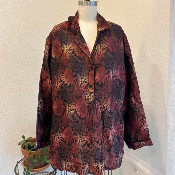 Chico’s Women’s XL Floral Jacquard Blouse Bronze Black Satin Button Down Jacket - Picture 1 of 3
